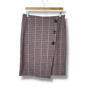 Ann Taylor Plaid Wrap Skirt Button Side Career Stretch Size 10P
